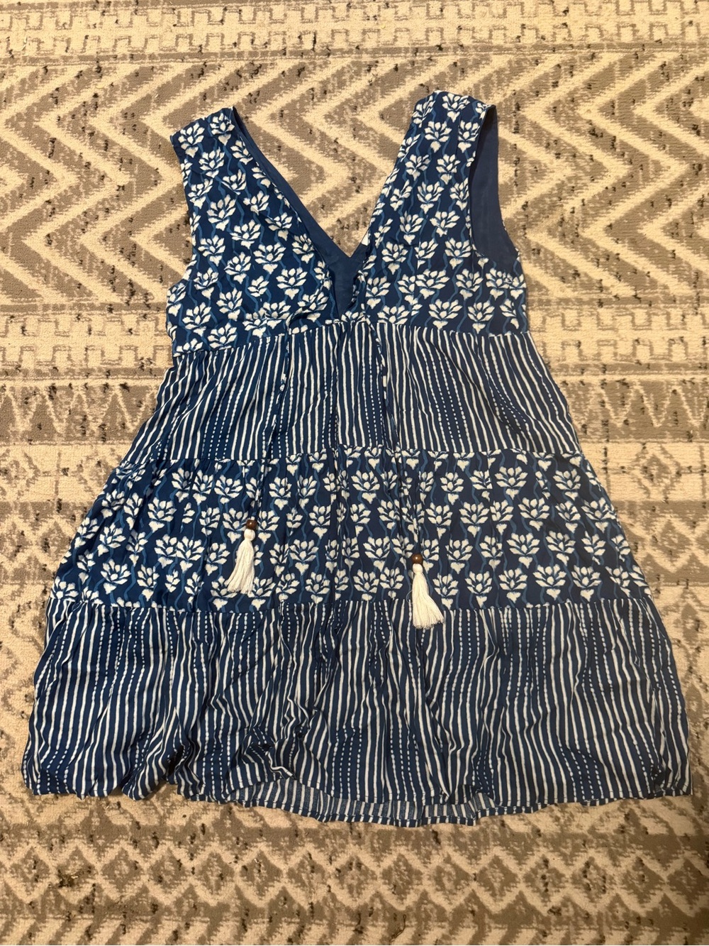 Navy Blue White Boho Tiered Tassel Mini Dress Size Medium